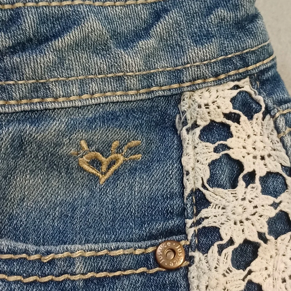 Justice Premium Girls‎ Denim Shorts Size 12S Blue Crochet Lace Side Frayed Hem